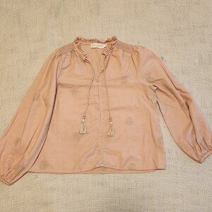 La Petite Etoile Blush Pink Boho Shirt with Ruffle Collar, Size XS